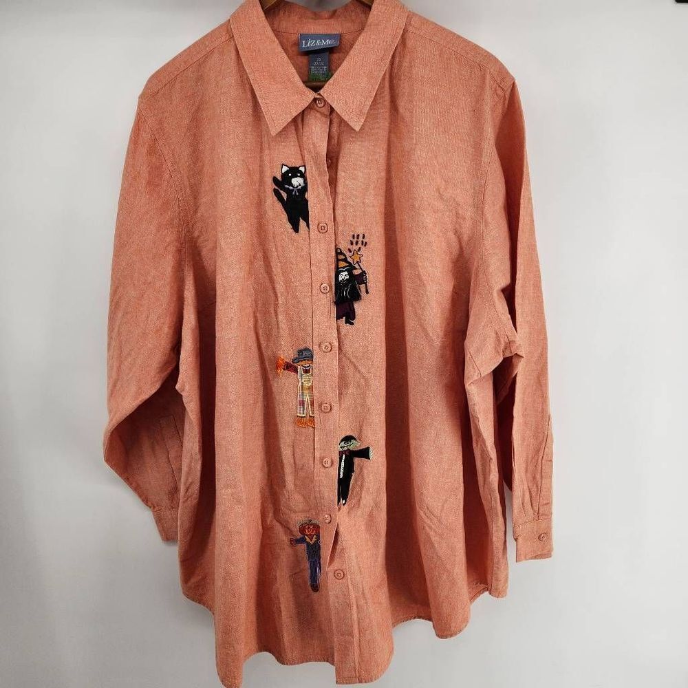 Vintage Halloween Cottage Halloween Button Down Shirt Orange Witch Vampire Black
